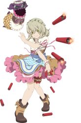  1girl apron artist_request blonde_hair blue_apron boots brown_boots brown_dress closed_mouth creature doll dress elize_lutus elize_lutus_(western_costume) flower full_body game_cg green_eyes head_wreath highres holding_dynamite lit_fuse looking_at_viewer medium_hair official_alternate_costume official_art pink_dress pink_ribbon ribbon smile solo standing tales_of_(series) tales_of_asteria tales_of_xillia teepo_(tales) third-party_source transparent_background white_flower 