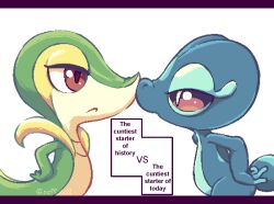  ayu_draws blue_skin brown_eyes colored_skin dialogue_box english_text face-to-face from_side gecqua hand_on_own_hip letterboxed looking_at_another no_humans pink_eyes pokemon pokemon_(creature) pokemon_ww simple_background slit_pupils snivy white_background 