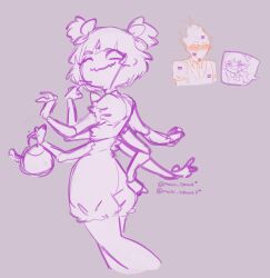  1boy 1girl 2025 2d anthro arachnid arthropod arthropod_girl artist_name bow bowtie commentary digital_media duo elemental_(creature) english_commentary extra_arms extra_eyes fangs female female_focus fire_elemental flaming_head glasses grey_background grillby hair_bow hand_on_own_thigh hetero highres holding holding_kettle humanoid interspecies kettle kiss_mark male mochiidraws monochrome monster monster_boy monster_girl muffet no_mouth one_eye_closed outstretched_arms puffy_short_sleeves puffy_shorts puffy_sleeves purple_background shirt short_sleeves short_twintails shorts simple_background sketch spider spider_girl spoken_character twintails undertale utdr_(toby_fox) vest 