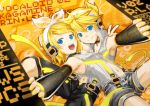  blonde_hair blue_eyes choker detached_sleeves hairclip headphones highres kagamine_len kagamine_len_(append) kagamine_rin kagamine_rin_(append) len_append nail_polish navel navel_cutout open_mouth ponytail popped_collar rin_append short_hair smile vocaloid vocaloid_append yellow 