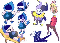  1girl 2018 2d 3boys animal_ears anthro antlers artist_name ass beach_chair black_cape black_hat black_sclera blonde_hair blue_gloves blue_pants blue_shoes blue_skin blue_tongue body_fur buck_teeth c._round cape colored_sclera colored_skin colored_tongue commentary creature cropped_torso crown cyaneworks deer deer_ears deer_girl deltarune digital_media english_commentary female full_body furry furry_female gloves green_eyes green_shoes hand_over_forehead hands_on_own_hips hat highres humanoid imp jester jester_cap jester_costume jevil k._round lancer_(deltarune) leg_up long_hair long_sleeves lying male mammal multiple_boys neck_ruff noelle_holiday on_stomach open_mouth orange_fur pants pointy_ears purple_hat purple_skin purple_tongue reclining reindeer reindeer_girl rouxls_kaard shoes simple_background spade_(shape) standing star_(symbol) tail teeth tongue tongue_out two-tone_hat uniform utdr_(toby_fox) white_background white_hair 
