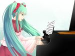  aqua_eyes aqua_hair hair_bow hatsune_miku open_mouth piano sheet_music twintails very_long_hair vocaloid wide_sleeves 