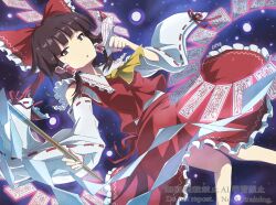  1girl ascot bow brown_eyes brown_hair commentary_request danmaku detached_sleeves frilled_bow frilled_hair_tubes frilled_skirt frills gohei gurina_15 hair_bow hair_tubes hakurei_reimu highres holding holding_gohei holding_ofuda long_hair ofuda red_bow red_skirt ribbon-trimmed_sleeves ribbon_trim skirt skirt_set solo touhou watermark yellow_ascot 