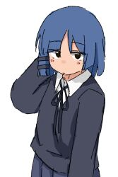 1girl arm_behind_head black_eyes black_ribbon black_sweater blue_hair bocchi_the_rock! commentary expressionless grey_skirt hair_ornament hairclip highres kendama_club neck_ribbon parallel_hairclips pleated_skirt ribbon shirt simple_background skirt solo sweater white_background white_shirt yamada_ryo 