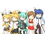  2boys 3girls =_= aqua_hair belt blonde_hair blue_hair blush bow brown_hair detached_sleeves hairclip hatsune_miku headphones kagamine_len kagamine_rin kaito long_hair meiko midriff neckerchief necktie pleated_skirt ponytail sailor_collar scarf short_hair shorts thigh_highs transparent twintails vocaloid 