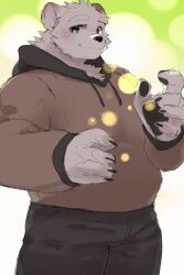  1boy animal_ears bear bear_boy bear_ears black_pants brown_jacket claws closed_mouth furry furry_male hashtag-only_commentary highres indie_virtual_youtuber jacket jugo_kumagai looking_at_viewer male_focus pants pawpads polar_bear smile totent_kuma white_fur 