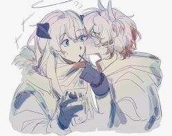  2girls ? ?? arknights blue_eyes commentary dated_commentary fiammetta_(arknights) food food_in_mouth fur-trimmed_hood fur_trim gloves hair_between_eyes halo highres hood horns kiss kissing_cheek mostima_(arknights) multiple_girls partially_colored pocky sakiaoba simple_background upper_body white_background 