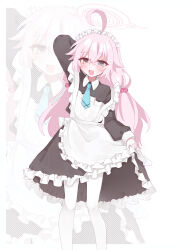  1girl :d absurdres ahoge apron arm_behind_head arm_up black_dress blue_archive blue_eyes blue_necktie blush collared_dress commentary_request contrast_collar crossed_bangs double-parted_bangs dress enmaided fang feet_out_of_frame flat_chest frilled_apron frilled_dress frills hair_between_eyes hair_flaps hair_ornament hair_scrunchie halftone halftone_background halo headdress heterochromia highres hoshino_(blue_archive) huge_ahoge long_hair long_sleeves looking_at_viewer low_twintails maid maid_apron maid_headdress medium_dress necktie open_mouth pantyhose petite pink_hair pink_halo pink_scrunchie puffy_long_sleeves puffy_sleeves scrunchie simple_background skinny skirt_hold smile solo standing sweat tongue tsurime twintails very_long_hair white_apron white_background white_headdress white_pantyhose yellow_eyes yuyuyu_m5 zoom_layer 