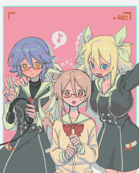  3girls :d arimura_hinae blonde_hair blue_eyes blue_hair blush brown_cardigan brown_eyes brown_hair cardigan chaos;child chirp_co2 commentary_request cropped_jacket glasses hair_ribbon headphones hekiho_academy_school_uniform high_collar highres holding holding_headphones hood hood_down hoodie kazuki_hana long_hair long_sleeves multiple_girls musical_note nervous_sweating no_jacket open_mouth ribbon sailor_collar school_uniform science_adventure short_hair smile spoken_musical_note sweat twintails two_side_up white_ribbon white_sailor_collar yamazoe_uki yellow_eyes 