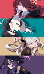  4girls artist_name aru_(blue_archive) black_choker black_flower black_hair black_hoodie black_horns blue_archive brown_horns choker collared_shirt commentary_request demon_horns earclip evil_grin evil_smile flower from_side garrison_cap gloves grey_halo grin hair_between_eyes hair_flower hair_ornament hairclip halo haruka_(blue_archive) hat highres hood hoodie horns kayoko_(blue_archive) long_hair looking_at_viewer looking_to_the_side mole mole_on_neck multicolored_hair multiple_girls mutsuki_(blue_archive) niwlite orange_eyes orange_halo pointy_ears portrait problem_solver_68_(blue_archive) purple_hair purple_halo red_eyes red_hair red_halo red_ribbon ribbon shirt short_hair side_ponytail smile twitter_username two-tone_hair violet_eyes white_gloves white_hair white_shirt 