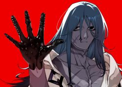  1boy arm_up artist_name azrael_(grand_assassin)_(fate) black_eyes black_gloves blue_hair closed_mouth collarbone doku_butsu expressionless fate/grand_order fate_(series) gloves hair_over_one_eye highres looking_at_viewer male_focus no_pupils overlighting pectorals red_background scar scar_on_cheek scar_on_chest scar_on_face scar_on_neck shaded_face simple_background single_sidelock solo spread_fingers twitter_username upper_body 