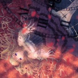  1girl bare_legs blonde_hair carpet closed_mouth collar colored_eyelashes commentary_request corset crinoline cross_brooch detached_collar dot_nose expressionless eyelashes feet_out_of_frame frilled_shirt frilled_skirt frilled_sleeves frills hair_ribbon highres hoop_skirt indoors long_hair long_skirt long_sleeves looking_at_viewer lying miracle_nikki nekoneko_gon nikki_(series) off-shoulder_shirt off_shoulder on_back outstretched_arms petals puffy_long_sleeves puffy_sleeves purple_collar purple_corset purple_skirt red_ribbon ribbon rose_petals shade shirt skirt stylist_(nikki) tareme two_side_up very_long_hair wavy_hair white_shirt zombie_pose 