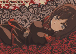  1girl alternate_breast_size_(larger) alternate_dress_color alternate_hair_color alternate_pantyhose_color breasts brown_dress brown_hair brown_pantyhose character_name cloak commentary_request copyright_name cowboy_shot cross dress emblem flower grey_eyes hair_between_eyes impossible_clothes impossible_dress large_breasts light_frown looking_at_viewer lying medium_hair moai_(moai_world) on_back pantyhose red_cloak red_dress rose ruby_rose rwby short_dress solo two-tone_dress 