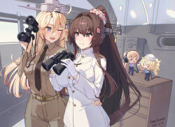  4girls alternate_costume binoculars black_necktie blonde_hair blue_eyes breast_pocket breasts brown_hair brown_jacket brown_pants cherry_blossoms commentary_request dixie_cup_hat epaulettes fairy_(kancolle) flower gloves hair_between_eyes hair_flower hair_intakes hair_ornament hat headgear headphones highres himeyamato holding holding_binoculars huge_breasts indoors iowa_(kancolle) jacket kantai_collection large_breasts long_hair long_sleeves military_hat military_uniform mini_person minigirl multiple_girls naval_dress_uniform naval_uniform necktie one_eye_closed pants pocket ponytail red_eyes revision sidelocks size_difference standing star-shaped_pupils star_(symbol) symbol-shaped_pupils twintails very_long_hair white_gloves white_jacket yamato_(kancolle) 