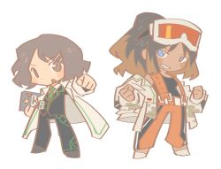  2girls black_hair black_pants black_shirt blue_eyes brown_eyes brown_hair chibi clenched_hand clenched_hands clipboard goggles goggles_on_head grin hair_ornament hairclip high_ponytail highres holding holding_clipboard jacket kgdjeisk limbus_company looking_at_viewer multicolored_hair multiple_girls orange_pants pants ponytail project_moon ran_(project_moon) shirt shrenne_(project_moon) smile streaked_hair white_jacket 