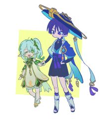  1boy 1girl anklet armlet arms_at_sides black_bodysuit black_bow black_bridal_gauntlets black_sandals black_shorts bloomers blue_cape blue_gem blue_hat blue_jingasa blue_kimono blue_sleeves blunt_ends bodysuit border bow bracelet bridal_gauntlets cape choppy_bangs closed_mouth colored_tips commentary_request detached_sleeves dress eyeliner feathers furisode gem genshin_impact gold green_cape green_eyes green_hair green_sleeves hakama hakama_shorts half_crown_braid hand_on_own_hip hat height_difference highres holding_hands how_tosleep japanese_clothes jewelry jingasa juban kimono korean_commentary layered_sleeves leg_warmers long_hair looking_at_another makeup multicolored_hair nahida_(genshin_impact) one_eye_closed open_clothes open_kimono open_mouth pleated_shorts pointy_ears pom_pom_(clothes) purple_hair purple_rope purple_sash red_eyeliner rope sandals sash scaramouche_(genshin_impact) short_sleeves shorts shoulder_peek side_cape side_ponytail sidelocks streaked_hair tareme tassel teeth tilted_headwear toeless_legwear turtleneck turtleneck_bodysuit upper_teeth_only violet_eyes wanderer_(genshin_impact) white_bloomers white_border white_dress white_hair white_kimono white_leg_warmers white_sleeves yellow_background yellow_feathers zouri 