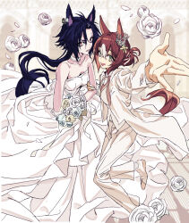  2girls air_shakur_(umamusume) animal_ears arm_up black_hair bouquet brown_hair choker coat dress earclip face_piercing falling_petals fine_motion_(umamusume) flower green_eyes highres holding holding_bouquet horse_ears horse_girl horse_tail low_ponytail multicolored_hair multiple_girls nobita_(makoto7060355) open_clothes open_coat orange_eyes outstretched_arm pants petals piercing ponytail rose shirt shoes short_hair strapless strapless_dress streaked_hair tail umamusume wedding_dress wedding_suit white_choker white_coat white_dress white_flower white_pants white_rose white_shirt white_shoes yuri 