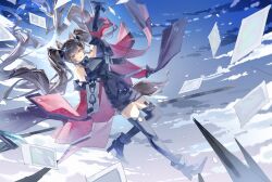  1girl :d absurdly_long_hair absurdres angelina_(arknights) animal_ear_fluff animal_ears arknights arknights:_endfield arm_up black_boots black_dress black_gloves black_thighhighs blue_sky boots breasts brown_hair chinese_commentary clouds coat commentary_request day dress elbow_gloves floating_clothes floating_hair floating_paper fold-over_boots fox_ears fox_girl fox_tail full_body gilberta_(arknights) gloves headpiece high_heel_boots high_heels highres impossible_clothes impossible_dress infection_monitor_(arknights) lens_flare long_hair looking_at_viewer loran_(loran33970) medium_breasts off_shoulder open_clothes open_coat originium_(arknights) petals polaroid_photo red_coat red_eyes short_dress sky sleeveless sleeveless_dress smile solo staff tail thigh-highs twintails very_long_hair white_petals zettai_ryouiki 