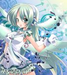  alternate_costume bad_id bracelet dress gloves green_eyes green_hair hand_on_chest hand_on_own_chest hand_to_chest hatsune_miku head_wings headphones jewelry long_hair musical_note necklace project_diva project_diva_2nd seidou_(tukinomiyako) solo very_long_hair vocaloid 