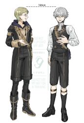  2boys arched_bangs ashe_ubert black_boots black_shorts black_socks black_thighhighs boots brown_eyes commentary_request cosplay costume_switch crossbody_bag fire_emblem fire_emblem:_three_houses full_body garreg_mach_monastery_uniform glasses green_eyes green_hair grey_hair hair_between_eyes height height_connection height_mark highres hood hood_down hooded_jacket ignatz_victor jacket kneehighs long_sleeves looking_at_another multiple_boys nine_dnjnms open_mouth round_eyewear sheath sheathed shirt short_hair shorts simple_background smile socks standing teeth thigh-highs upper_teeth_only vest watermark white_background white_shirt 