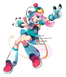  1girl ;3 ;d android animal_collar animal_ears aqua_dress aqua_eyes aqua_hat asui_inui_(vtuber) baseball_cap black_unitard bluesky_logo bluesky_username blush_stickers bolt_(hardware) borrowed_character collar dog_ears dog_girl dress electric_plug electric_plug_tail fangs full_body gloves hat highres index_finger_raised indie_virtual_youtuber joints knees_together_feet_apart leg_warmers looking_at_viewer medium_hair neckerchief one_eye_closed open_mouth outstretched_arms pause_button pawpads pink_hair play_button puffy_short_sleeves puffy_sleeves red_collar red_neckerchief red_shoes robot robot_girl robot_joints sailor_collar sample_watermark see-through_clothes see-through_dress shoes short_dress short_sleeves short_twintails sidelocks smile solo spread_arms studded_collar swept_bangs tail thick_eyebrows tilted_headwear twintails twitter_username twitter_x_logo unitard virtual_youtuber watermark weibo_username white_background white_gloves white_leg_warmers white_sailor_collar youzaiyouzai112 