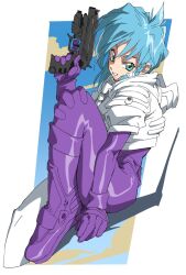  1990s_(style) 1girl aoi_karin bodysuit braid commentary_request dna^2 full_body gloves gun highres looking_at_viewer purple_gloves retro_artstyle shino_(2919) side_braid skin_tight smile solo spandex weapon 