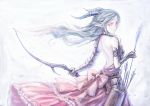 armor arrow bare_back blue_hair bow bow_(weapon) breasts dress gauntlets horns long_hair monster_girl open-back_dress pixiv_fantasia pixiv_fantasia_5 pointy_ears quiver red_eyes ribbon ryuuzaki_itsu solo tattoo weapon 