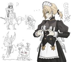  1boy 3girls animal blonde_hair camel chibi creature elid_(girls'_frontline) giant_insect girls'_frontline_2:_exilium girls_frontline green_eyes highres krolik_(girls'_frontline_2) liushih_(girls'_frontline_2) maid metal_slug monster multiple_girls red_eyes sextans_(girls'_frontline_2) sword tagme user_xmfv3428 varjagers_(girls'_frontline_2) weapon 