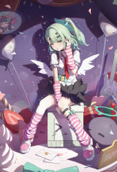  1girl absurdres aria_(zenless_zone_zero) arm_warmers backpack bag balloon between_legs black_skirt blue_nails dagger_(wgue8322) green_eyes green_hair hair_ornament halo hand_between_legs highres leg_warmers long_hair necktie pink_nails pink_shoes red_necktie shoes short_sleeves single_thighhigh sitting skirt solo striped_arm_warmers striped_leg_warmers sunna_(zenless_zone_zero) sweatdrop thigh-highs torn_clothes torn_thighhighs virtual_pet_(toy) white_thighhighs white_wings wings zenless_zone_zero 