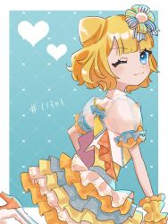  1girl ;) absurdres blonde_hair blue_eyes blunt_bangs commentary_request cone_hair_bun cowboy_shot double_bun from_side hair_bun heart highres idol_clothes madori_(1ldkplanet) minami_mirei one_eye_closed pretty_series pripara puffy_sleeves smile solo 