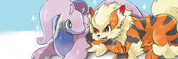  :3 animal_focus antennae arcanine bright_pupils brown_eyes commentary_request dog dragon eye_contact fangs fluffy goodra green_eyes light_blush looking_at_another lying no_humans open_mouth pokemon pokemon_(creature) pokemon_focus sparkle striped_fur suppainu twitter_banner white_pupils 