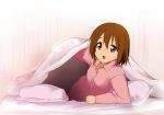  bed blanket brown_eyes brown_hair come_hither hirasawa_yui k-on! kaiga on_side pajamas pillow short_hair solo under_covers 