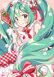  aoiyui aqua_eyes aqua_hair aqua_nails arm_tattoo armpit_crease blush bow closed_mouth commentary_request dress fingernails fork frilled_hairband frills hair_between_eyes hair_ornament hairband hatsune_miku highres holding holding_fork long_hair musical_note_ornament nail_polish number_tattoo oversized_fork red_bow sleeveless sleeveless_dress smile tattoo twintails very_long_hair vocaloid 