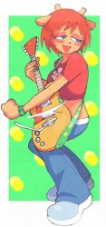  1girl animal_ears animal_nose blush_stickers body_fur breasts brown_fur crop_top cropped_shirt denim full_body furrowed_brow furry furry_female green_background guitar half-closed_eyes highres holding holding_guitar holding_instrument inkerton-kun instrument jeans lammy_(um_jammer_lammy) looking_to_the_side music navel open_mouth pants parappa_the_rapper playing_guitar playing_instrument red_hair red_shirt sheep_ears sheep_girl shirt short_hair short_sleeves smile solo um_jammer_lammy 