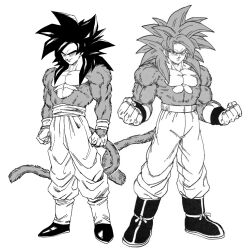  black_hair blue_sash body_fur dougi dragon_ball dragon_ball_daima dragon_ball_gt kouji08250 long_hair looking_at_viewer male_focus monkey_boy monkey_tail multiple_boys muscular muscular_male no_nipples pants pectorals red_fur red_hair saiyan sash son_goku spiky_hair super_saiyan super_saiyan_4 tail yellow_pants 