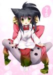  :d animal_ears apron ar_tonelico ar_tonelico_i bell black_hair cat_ears ech footwear green_eyes gust hair_bell hair_ornament hama highres instrument japanese_clothes jingle_bell ocarina open_mouth simple_background sitting smile socks solo white_legwear white_socks 