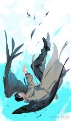  1boy absurdres angel angel_wings animification black_hair black_pants black_shoes brown_coat castiel closed_eyes coat commentary dress_shoes english_commentary falling fate_(slw_slw) highres layered_sleeves long_sleeves male_focus pants shoes short_hair solo supernatural_(tv_series) watermark wings 