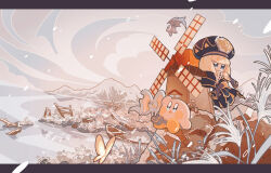  1girl absurdres black_dress black_hat blonde_hair blush_stickers boat bob_cut broken_fence bug butterfly clouds commentary_request dress elfilin flying glef_life grass hat highres horizon kirby kirby_(series) letterboxed meta_knight mountain multicolored_hat outside_border rayman_limbs ruins snow snowing water watercraft windmill yellow_hat zan_partizanne 