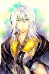  1boy cloak green_eyes highres kingdom_hearts kurotennsi long_hair male riku silver_hair solo 