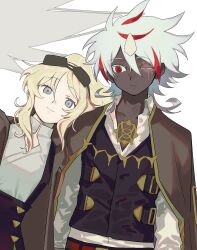  1boy 1girl albaz_(yu-gi-oh!) black_vest blonde_hair blue_eyes commentary_request dark-skinned_male dark_skin duel_monster ecclesia_(yu-gi-oh!) goggles goggles_on_head highres horns long_hair multicolored_hair one_eye_closed red_eyes red_hair scar scar_across_eye scar_on_face shirt short_hair single_horn tawashipurin two-tone_hair very_dark_skin vest white_hair white_shirt yu-gi-oh! 