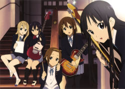  5girls akiyama_mio artbook bass_guitar black_eyes black_hair blonde_hair blue_jacket blush brown_hair door drumsticks electric_guitar fender_jazz_bass fender_mustang gibson_les_paul guitar hair_ornament hairband hairpin highres hirasawa_yui ho-kago_tea_time holding holding_drumsticks holding_paper horiguchi_yukiko hugging_object indoors instrument jacket k-on! kneehighs kotobuki_tsumugi long_hair long_sidelocks looking_at_viewer multiple_girls nakano_azusa official_art open_mouth pantyhose paper pleated_skirt sakuragaoka_high_school_uniform scan school_uniform shoes short_hair sidelocks sitting sitting_on_stairs skirt smile socks stairs summer_uniform tainaka_ritsu third-party_source twintails uwabaki very_long_hair 