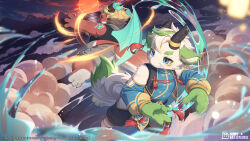  2boys absurdres artist_request barefoot baron_(furrybar) black_shirt black_tank_top brown_shorts chinese_clothes chinese_commentary claws closed_eyes closed_mouth clouds commentary_request copyright_logo copyright_name copyright_notice dragon_boy dragon_ears dragon_horns dragon_tail furry furry_male furrybar highres horns lingo_(furrybar) logo male_focus multiple_boys official_art open_mouth shirt shorts sleeveless sleeveless_shirt tail tank_top 