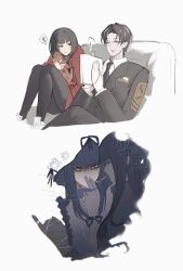  1boy 2girls absurdres aged_down arr_1l black_hair book bookmark cigarette_kiss closing_book couch dihui_star dog highres holding holding_book hood hood_down hoodie limbus_company multiple_girls negative_space on_couch project_moon red_eyes red_hoodie rien_(project_moon) saru_(project_moon) shiomi_yoru_(project_moon) spoken_squiggle squiggle string string_of_fate 