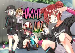  5girls agatsuma_sora baseball_cap black_hair black_hat black_hoodie black_pants black_shirt black_skirt black_thighhighs blonde_hair blue_eyes bow cinderella_series clenched_teeth closed_mouth commentary_request double_bun earrings green_eyes grey_hair grey_shorts hachigatsu_no_cinderella_nine hair_bow hair_bun hair_ornament hairclip hand_in_pocket hat high_ponytail highres holding holding_spray_can hood hoodie hoop_earrings jewelry kneehighs kusakari_runa looking_at_viewer medium_hair multiple_girls open_mouth orange_eyes outdoors paint_on_body paint_on_clothes pants pink_hair ponytail red_eyes sakurada_chiyo sanada_ikki shirt short_hair shorts sitting skirt socks spray_can spray_paint squatting standing takanashi_yuzu teeth thigh-highs thigh_strap v v_over_eye white_hoodie white_shirt yellow_eyes 