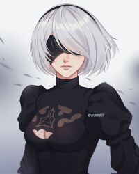  1girl 2b_(nier:automata) black_dress black_hairband black_mask breasts closed_mouth clothing_cutout dress eye_mask grey_hair hairband highres mask medium_hair nier:automata nier_(series) short_hair solo vividarth 