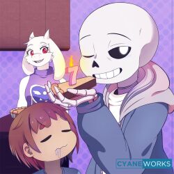 1boy 1girl 1other 2022 2d ambiguous_gender animal_ears anniversary anthro artist_name blue_jacket blue_shirt body_fur brown_hair cabinet candle child commentary cyaneworks delta_rune_(symbol) delta_rune_print digital_media drooling droopy_ears english_commentary female floppy_ears food frisk_(undertale) furry furry_female goat goat_ears goat_girl goat_horns grey_hood halftone halftone_background holding holding_food hood hood_down hooded_jacket horns human humanoid jacket long_sleeves male mammal monster monster_boy monster_girl number_candle open_clothes open_jacket pastry pie pie_slice red_eyes sans_(undertale) shirt short_hair simple_background skeleton teeth toriel trio undead undertale utdr_(toby_fox) white_background white_fur white_horns white_shirt