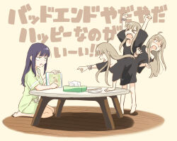  >_< 2girls absurdres afterimage ahoge barefoot black_shirt bracelet brown_hair cho_kaguya-hime! commentary_request green_eyes green_pajamas green_shirt green_shorts highres jewelry jitome kaguya_(cho_kaguya-hime!) long_hair long_shirt long_sidelocks looking_at_another multiple_girls on_floor open_mouth pajamas purple_hair sakayori_iroha shaded_face shirt short_sleeves shorts sidelocks sitting standing t-shirt table tantrum text_background translation_request umekobucha v-shaped_eyebrows v-shaped_eyes very_long_hair wooden_floor yellow_background 