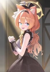  1girl :d animal_ears black_hairband black_hat blue_archive blue_eyes breasts cat_ears cat_girl commentary_request dogee_(ch_dh0408) dress flower grey_dress hairband halo hat highres idol_clothes long_hair looking_at_viewer mari_(blue_archive) mari_(idol)_(blue_archive) mini_hat mini_top_hat official_alternate_costume open_mouth orange_hair own_hands_together rose smile solo top_hat yellow_flower yellow_halo yellow_rose 