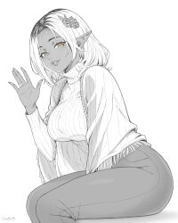  1girl absurdres artist_name between_legs breasts commentary elf english_commentary flower greyscale hair_flower hair_ornament hand_between_legs hand_up highres jewelry large_breasts leaning_forward looking_at_viewer medium_hair mole mole_under_eye monochrome original pants parted_bangs parted_lips pointy_ears ribbed_sweater ring shawl simple_background sitting smile solo spot_color stayaliveplz sweater turtleneck turtleneck_sweater waving yellow_eyes 