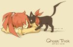  ascot capcom cat cat_(ghost_trick) closed_eyes coumori dated english eyes_closed ghost_trick head_down lynne ponytail red_hair redhead simple_background sissel sleeping slit_pupils spoilers text trench_coat trenchcoat 